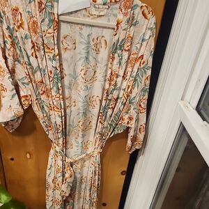Cost Plus World Market Floral Satin Robe in Cream, Rust & Teal